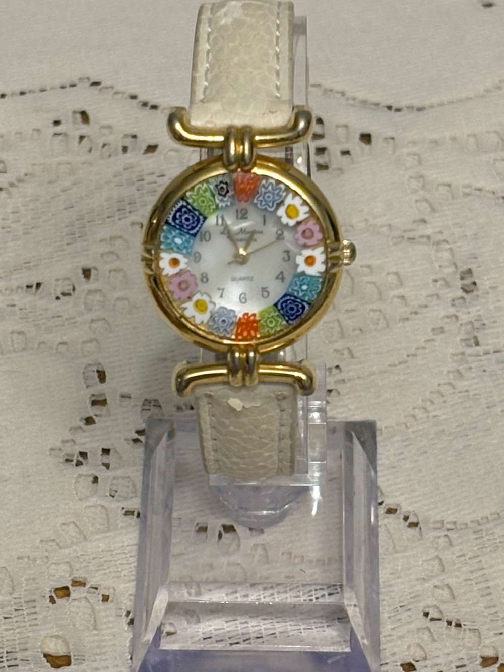 Murano Gold-Tone Watch with White Leather Strap
